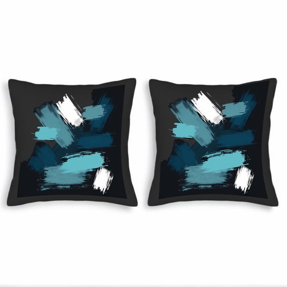 Set of 2 Modern Abstract Throw Pillow Covers 18x18in - Dark Background with Blue & White Brushstrokes for Couch Bed Car
