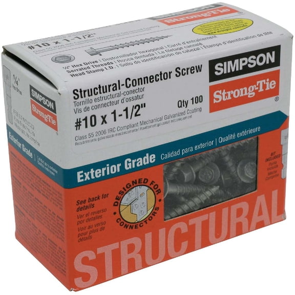 Simpson Strong-Tie SD10112R100 Strong-Drive Connector Screw, #10 Thread, 1-1/2 in L, Serrated Thread, Hex Drive, Steel Galvanized