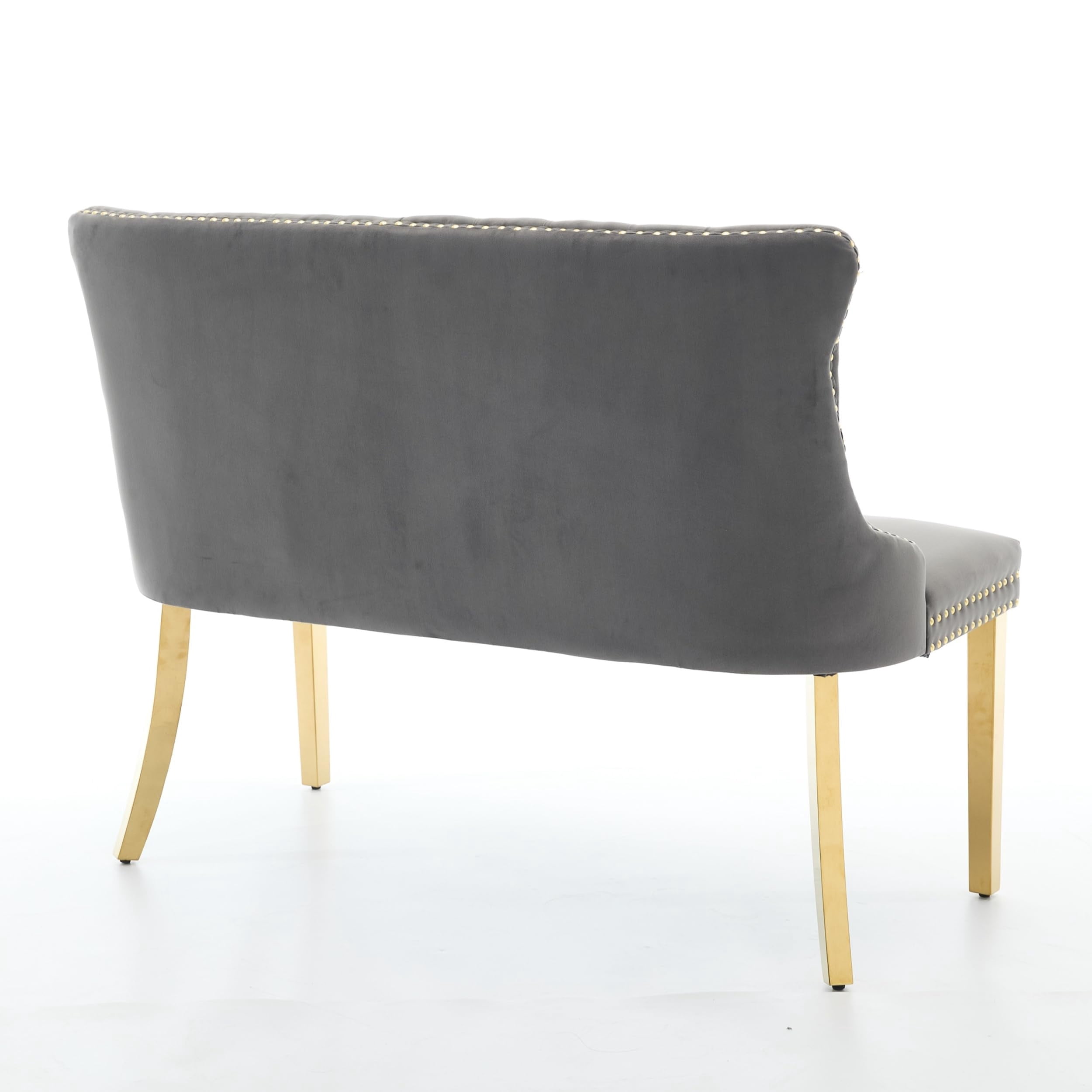 Gray Velvet Double Dining Loveseat Bench, 2-Seat Tufted Kitchen & Dining Chair with Gold-Plated Steel Legs, Wing Back, Mid Century Modern Style, Handmade Button Accent