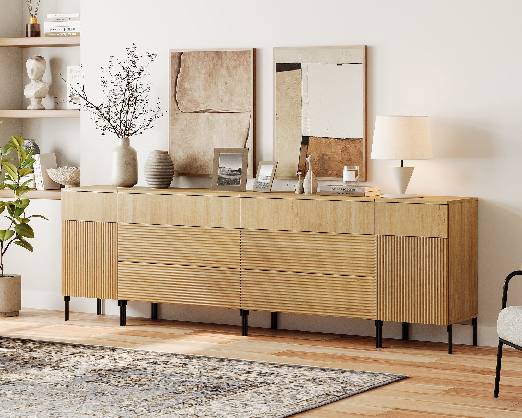 WAMPAT 94.5" 4-in-1 Fluted Dresser for Bedroom with Charging Station, Modern Wooden Chest of Drawers with Hidden Handles & 8 Drawers, Extra Long Dresser TV Stand Closet Storage Organizer, Oak