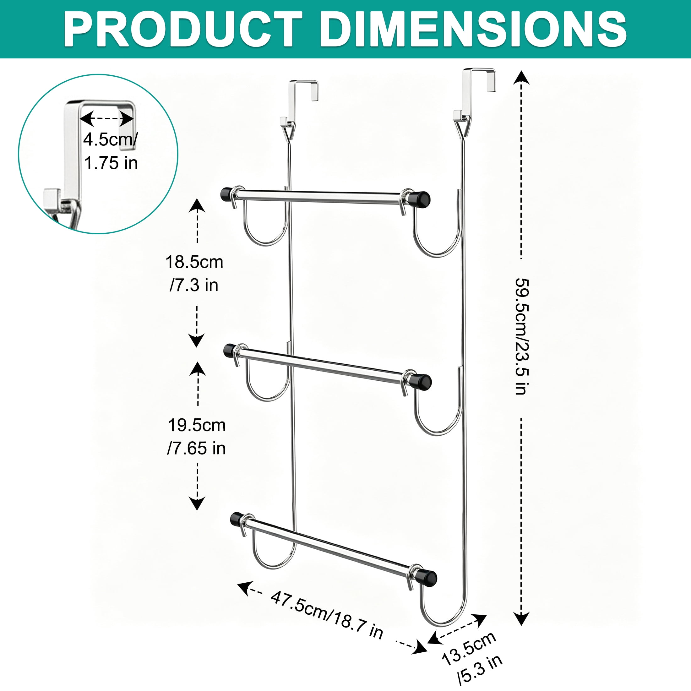 3 Tier Over The Door Towel Rack, No Drill Stainless Steel Towel Holder, Space Saving Door Hanging Towel Rack for Bathroom Storage