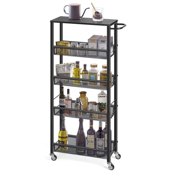 BTY 5 Tier Rolling Storage Cart, 31.7" Black Metal Mesh Shelving Unit with Lockable Wheels, Slim Utility Cart for Kitchen/Bathroom/Laundry Room