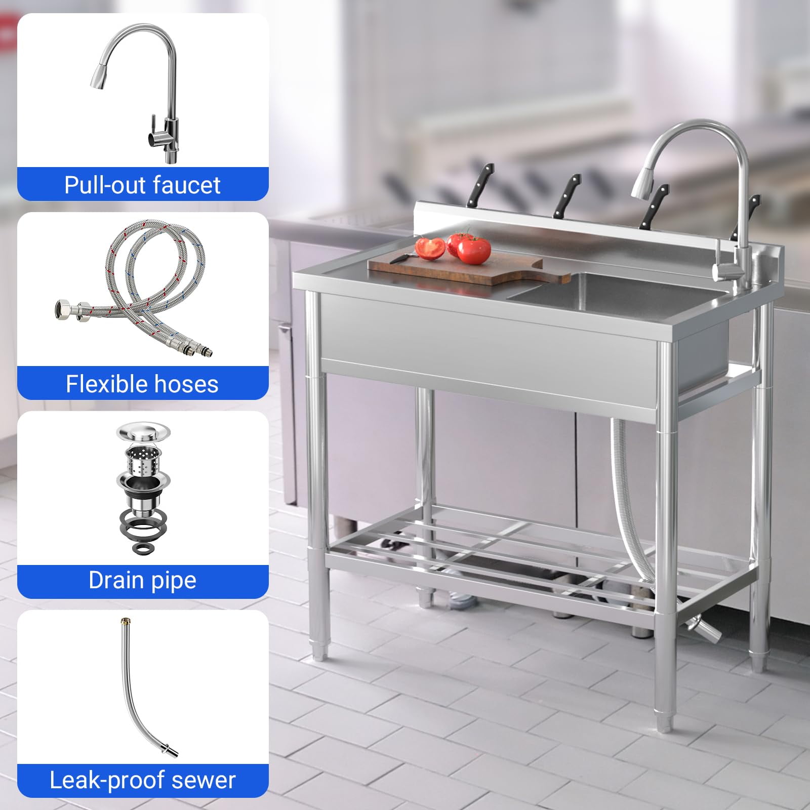 TEQIN Stainless Steel Utility Sink, Free Standing Single Bowl Commercial Kitchen Sink with Faucet, Utility Basin Workbench with Water Pipe for Garage Restaurant Laundry Bathroom