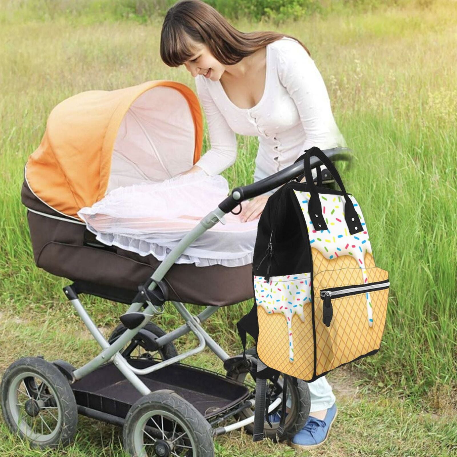 Ratiio White Ice Cream Mummy Backpack - Waterproof Twill Canvas, Large Capacity Diaper Bag with Multiple Pockets and Adjustable Straps