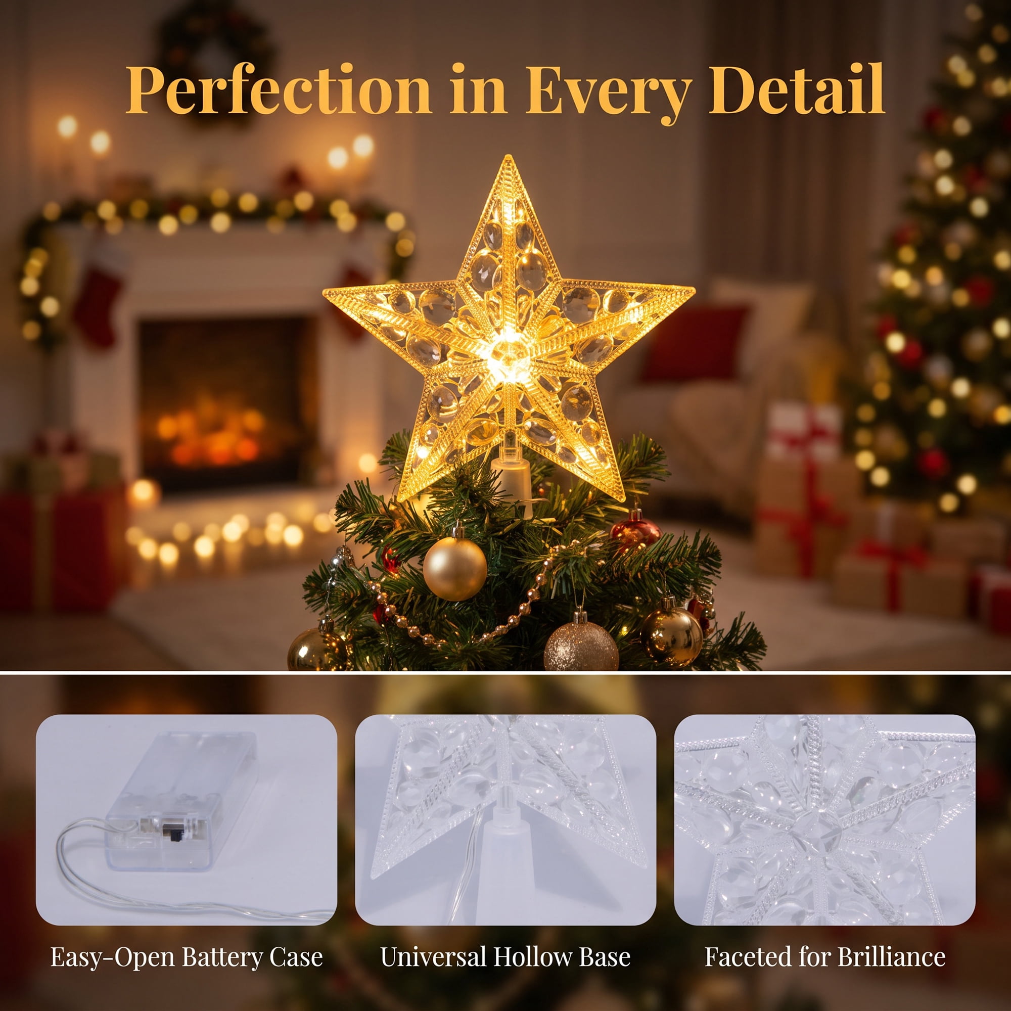 Unique Bargains Tree Finial Battery Operated Spring Mount Star Warm White Lights 5.9"