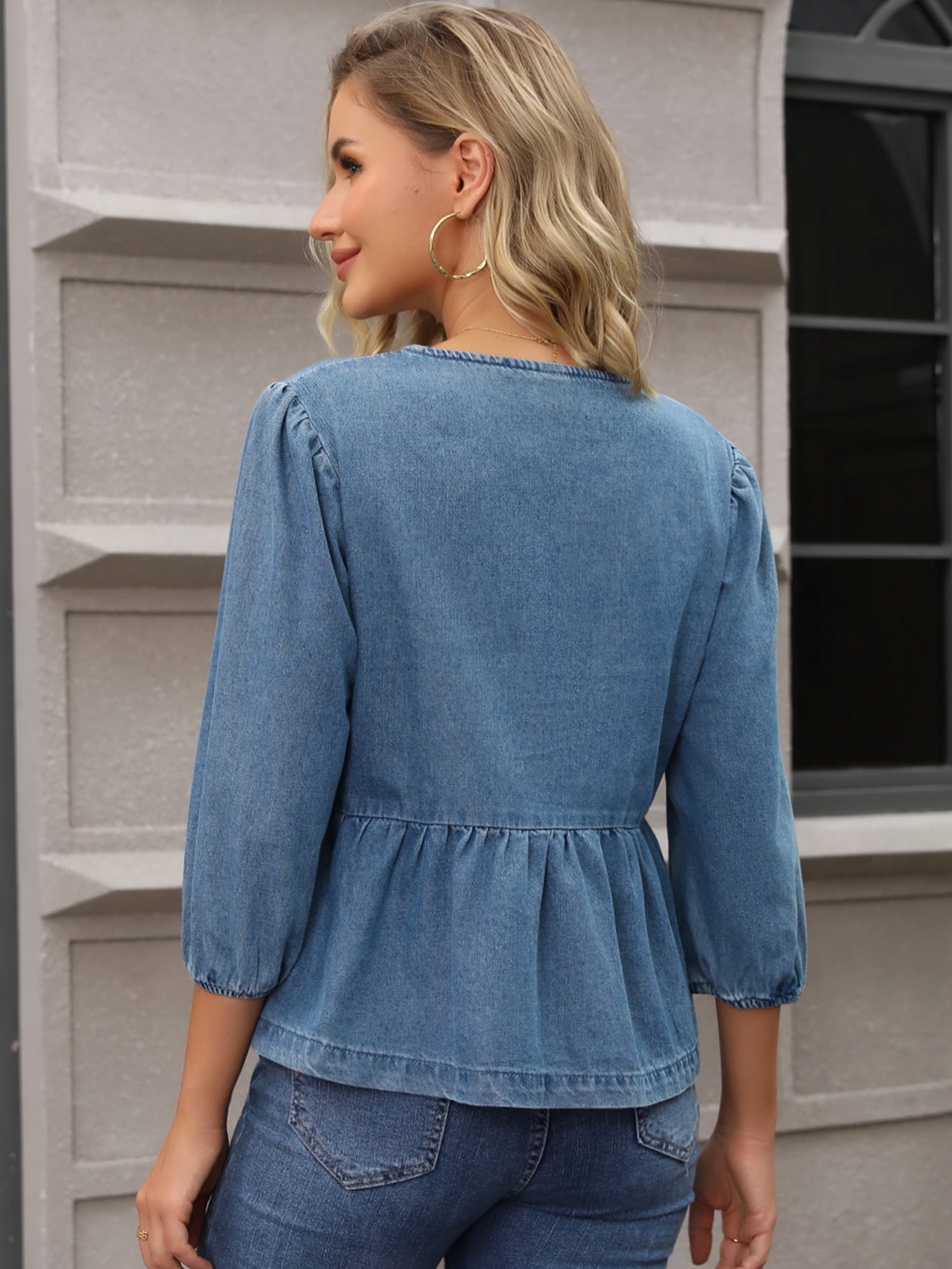 DARING DIVA Women's Denim Tie Front Puff Sleeve Ruffle Hem Peplum Blouses 2XL Blue