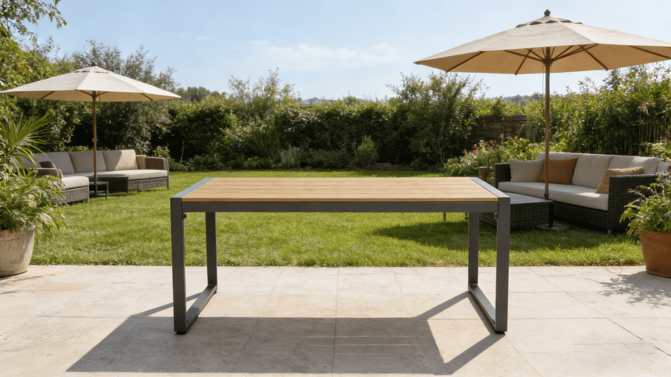 Rectangular Outdoor Patio Coffee Table, Rustproof Steel Frame with Weather Resistant WPC Wood-Like Tabletop, 165 LBS Capacity Side Table for Deck Porch Balcony Yard