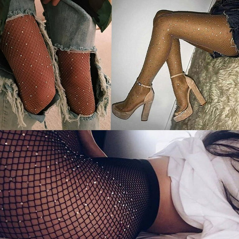 Shulemin Women's Rhinestone Elastic Stockings Fishnet Tights Pantyhose  Socks, Beige-white Diamond 