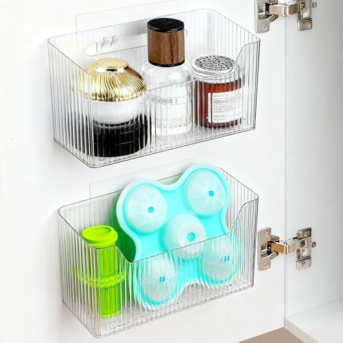 2 Pack Cabinet Door Organizer, Adhesive Wall Mounted Organizer Bins, Clear Storage Caddy, Stackable Basket for Kitchen Cabinets, Bathroom, Pantry, Office, and Tabletop Organization$$