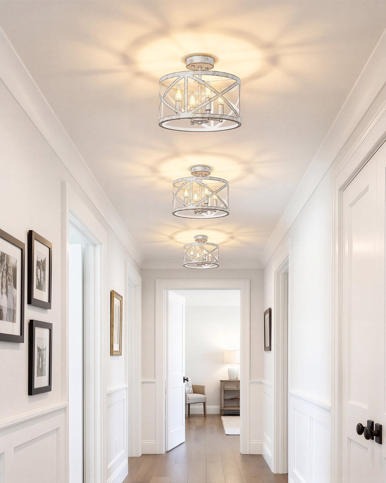 12" Semi Flush Mount Ceiling Light Fixture, 4-Light Farmhouse Modern Ceiling Light, Kitchen Lights, Hallway Light Fixtures, Ceiling Lamp for Entryway Dining Room Bedroom Laundry Lighting, White