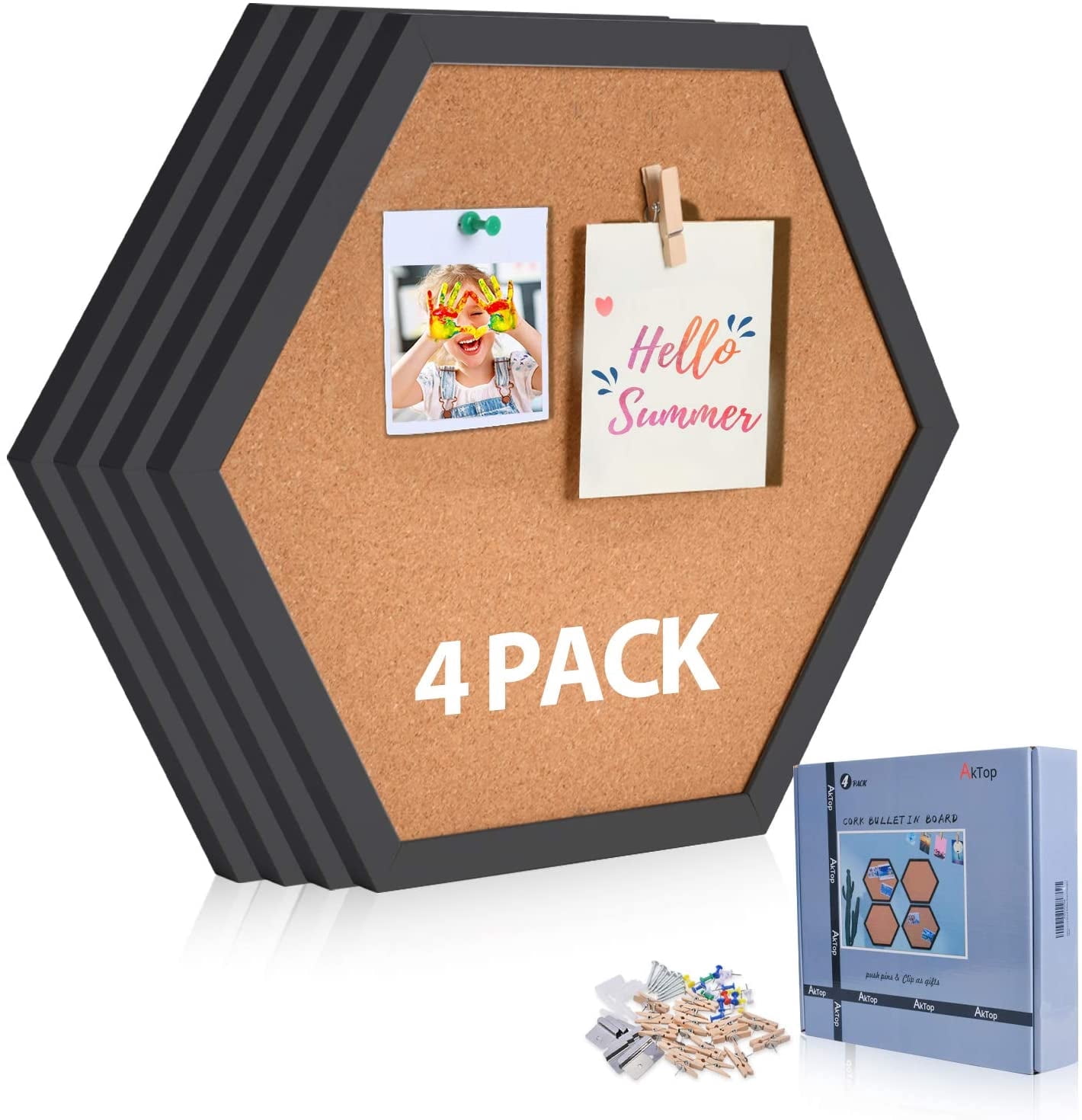Cork Bulletin Board Hexagon 4 Pack, Small Framed Cork board for Wall, Thick Decorative Display Boards for Home Office Decor, School Message Board with 16 Push Pin Wood Clips