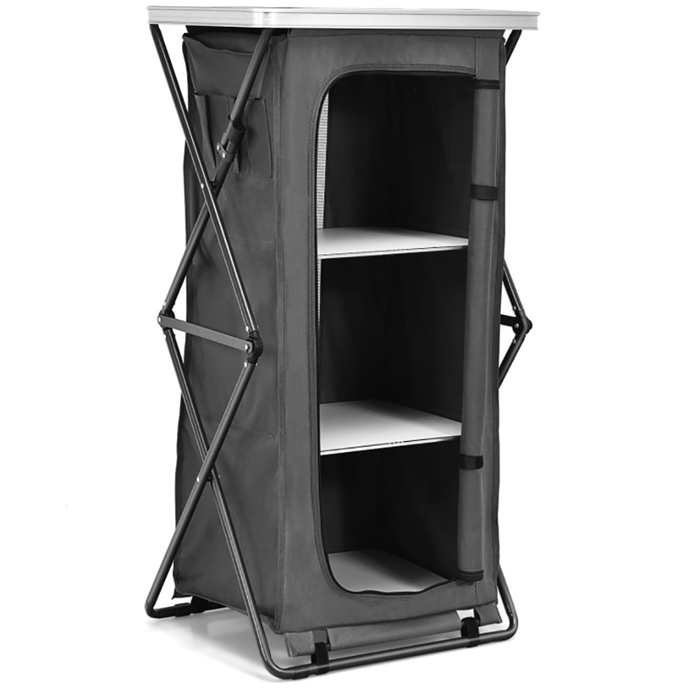 Aimee Lii Folding Camping Storage Cabinet with 3 Shelves and Carry Bag, Easy Set Up Portable Camping Kitchen, Gray-L