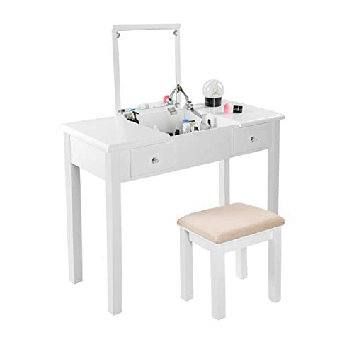 Aodailihb Vanity Table With Flip Top Mirror Makeup Dressing Writing Desk Cushioning Stool Set 2 Drawers 3 Removable Organizers Easy Assembly White Com Aodailihb Vanity Table With Flip Top, Makeup Vanity Table With Flip Top Mirror