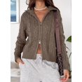 thumbnail image 2 of Women Trendy Collared Long Sleeve Zipper Front Cable Knit Cardigan Sweater Fall Oversized Coat Coffee M, 2 of 5