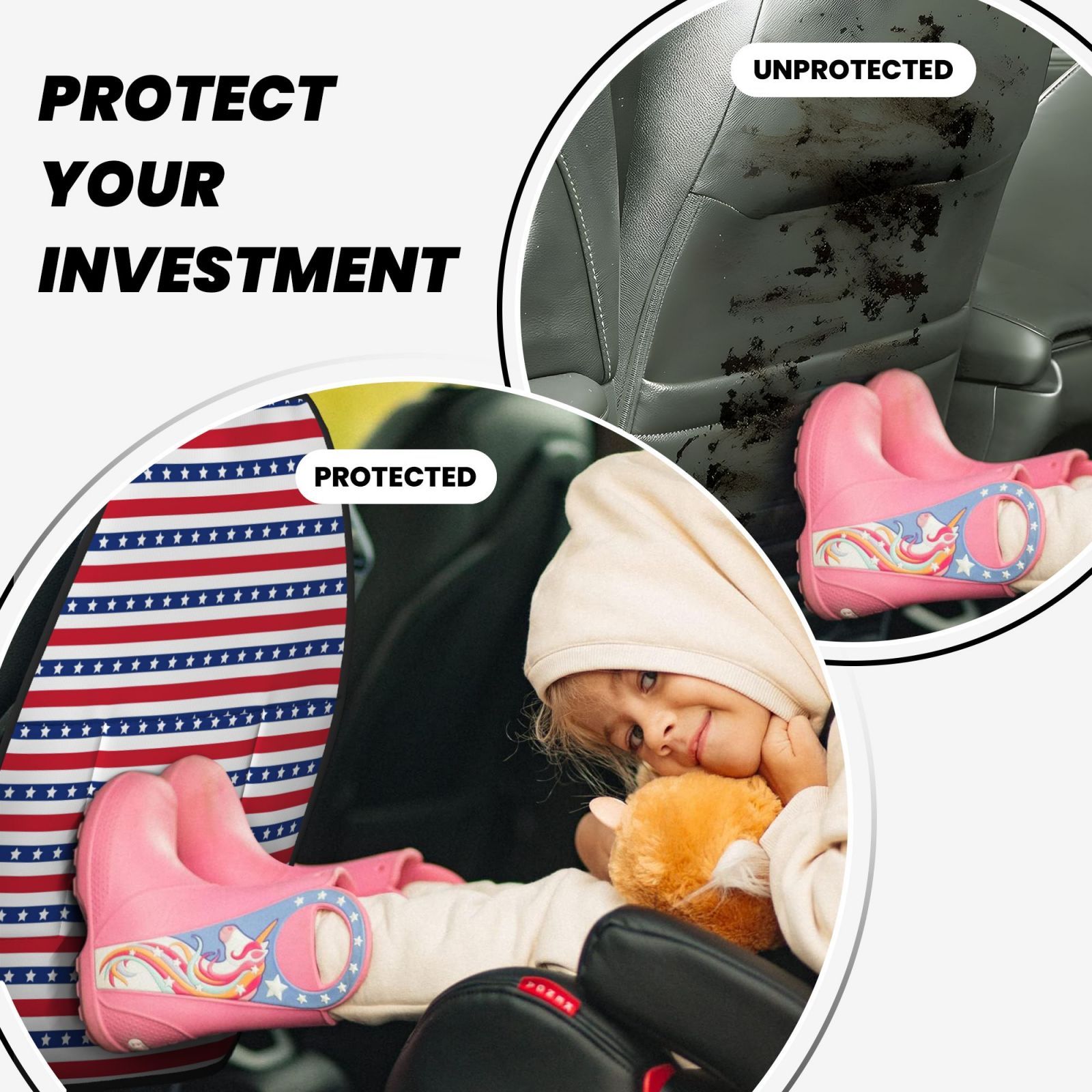 Kdxio Stars And Stripes Print 2 Pack Car Kick Mat Seat Cover Back Protector Mat with Pockets for Organizer Backseat Protector and Storage Anti Kick Pad for Vehicles
