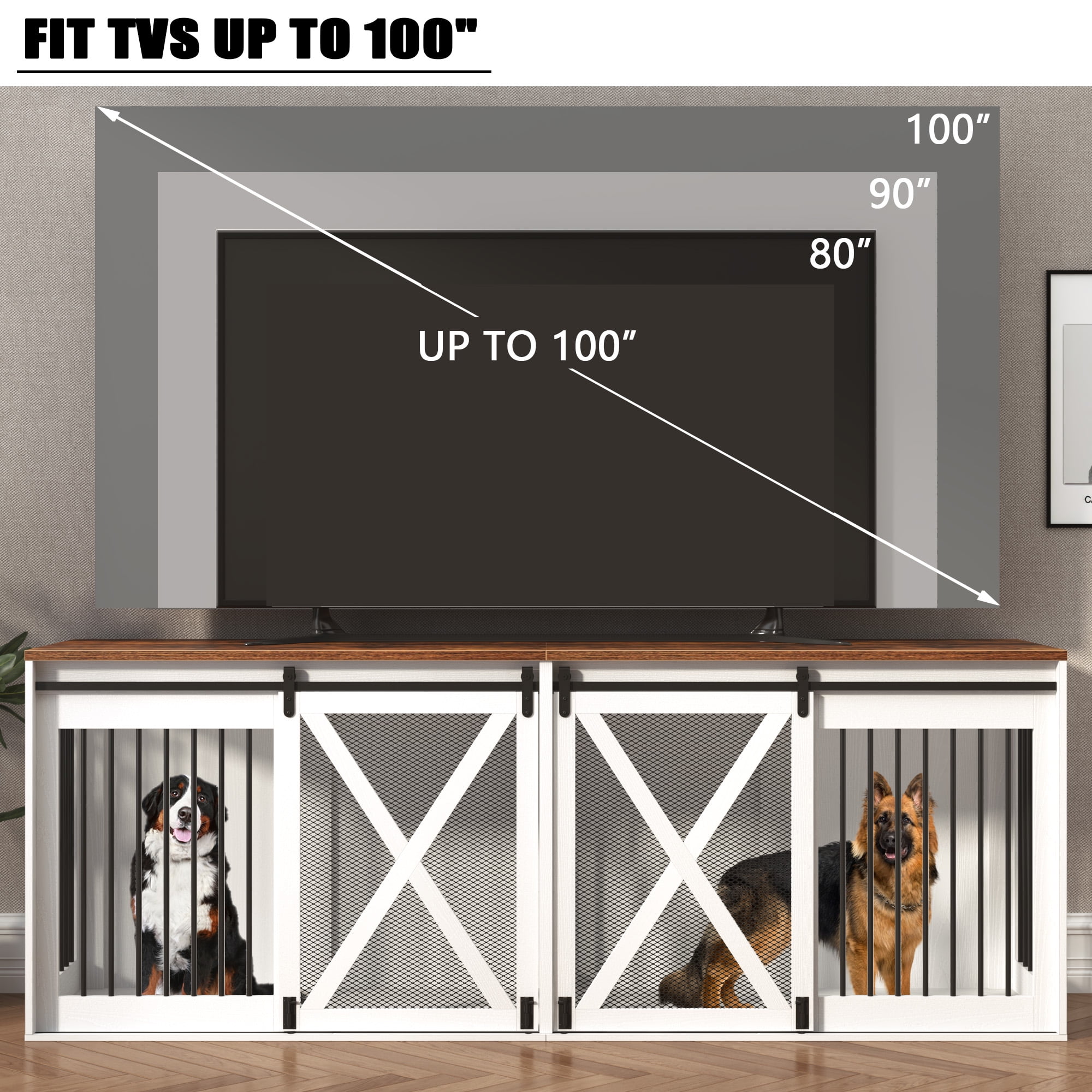 94.5" XXXL Dog Crate Furniture for 2 Large Dogs, Farmhouse Dog Kennel TV Stand with Sliding Door and Removable Divider, White