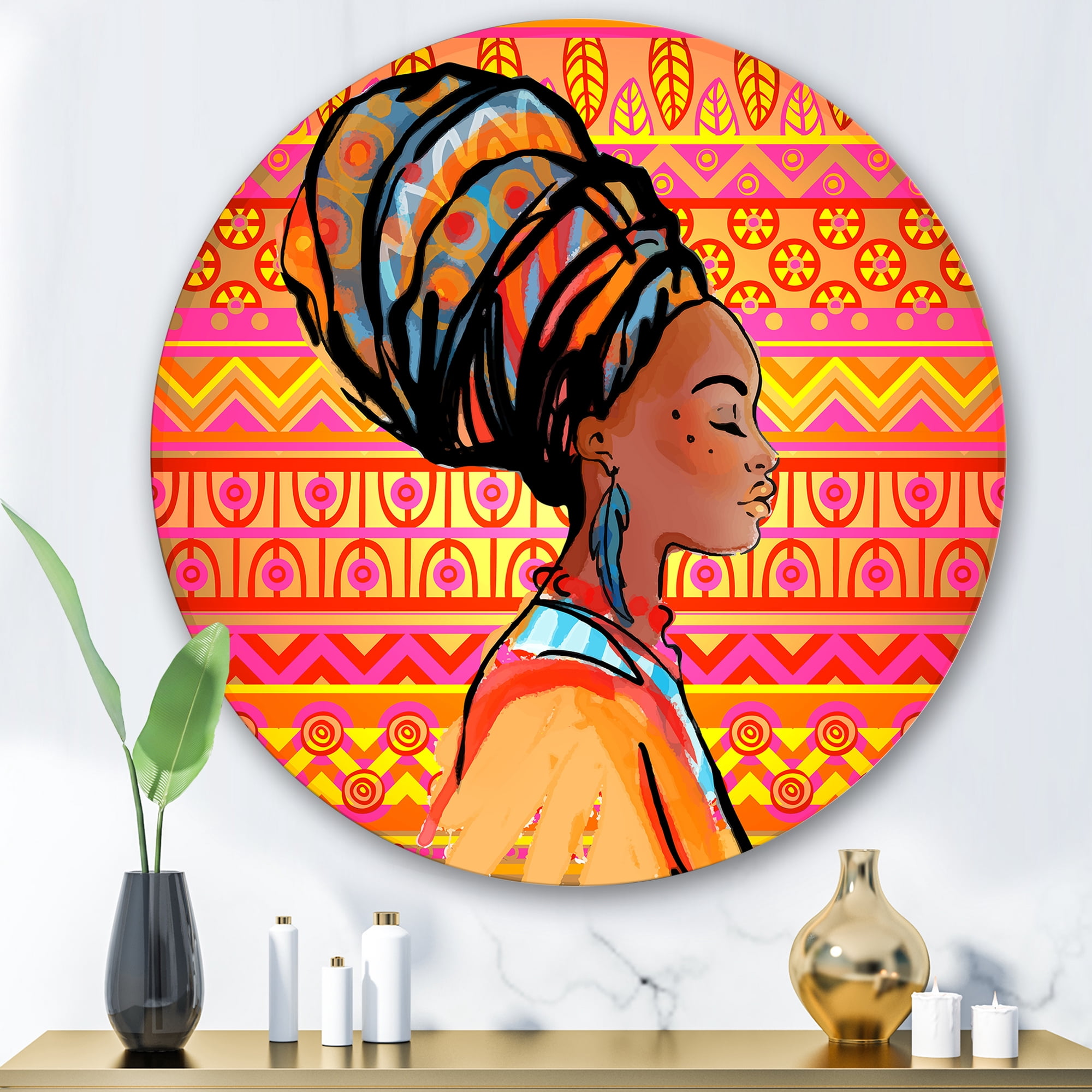 Designart 'Portrait of African American Woman With Turban I' Modern Circle Metal Wall Art 29x29 - Disc of 29