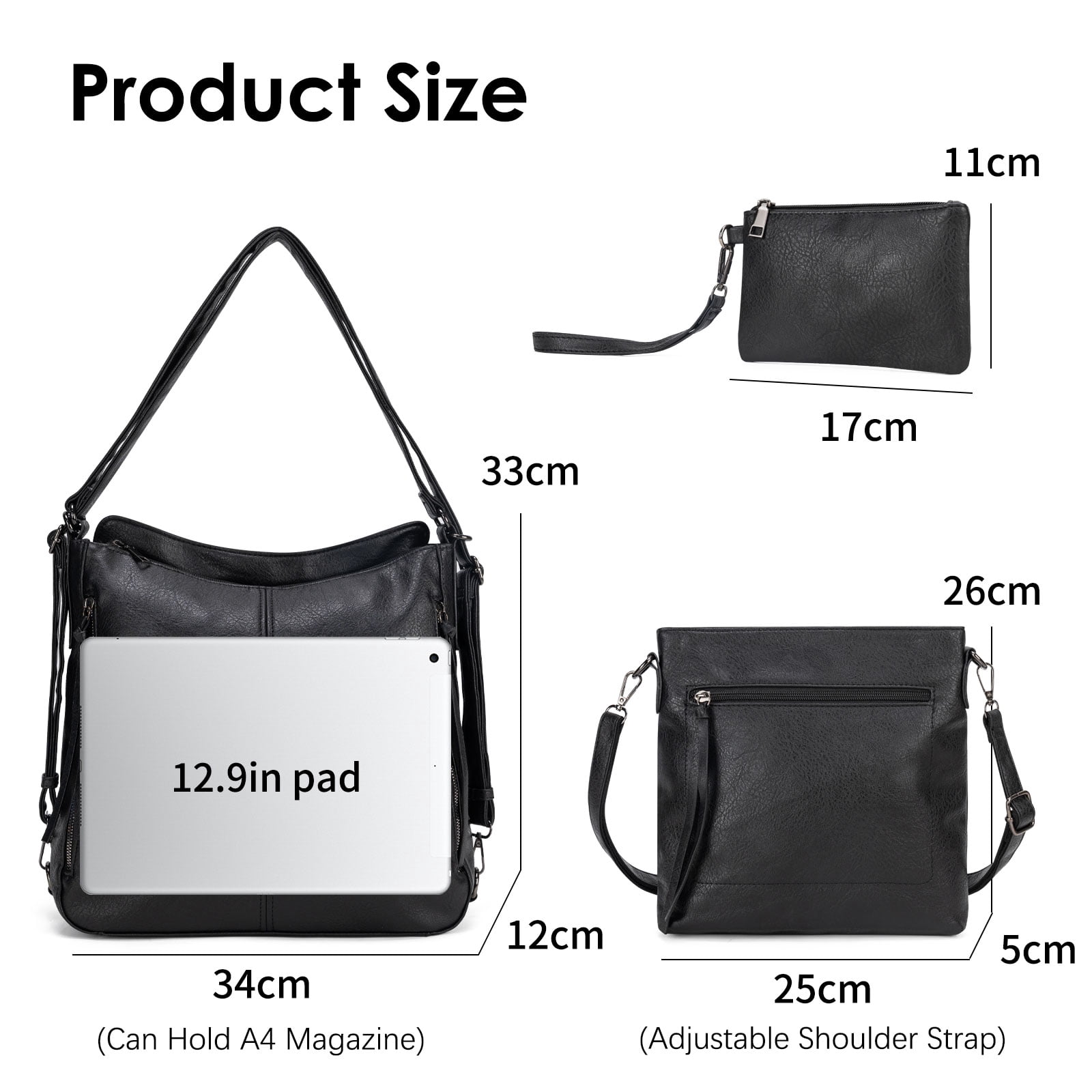 Kabaqoo Leather Shoulder Bag for Women, 3pcs Crossbody Purses Tote Satchel, black