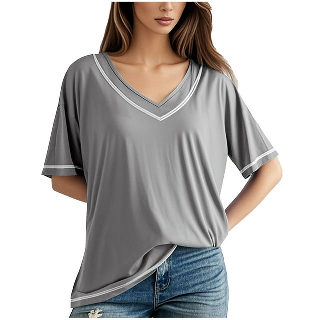 Jamicy Hauts à Manches Courtes pour Femmes Tenues de Printemps T-Shirts à Manches Courtes Col en V Contrasté