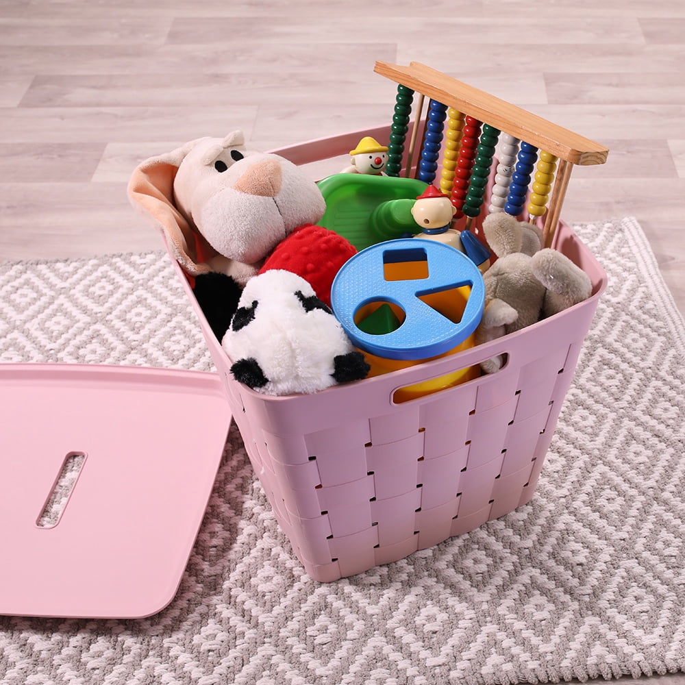 Your Zone Child and Teen Wide Weave Plastic Stacking Storage Bin with Lid, Pink