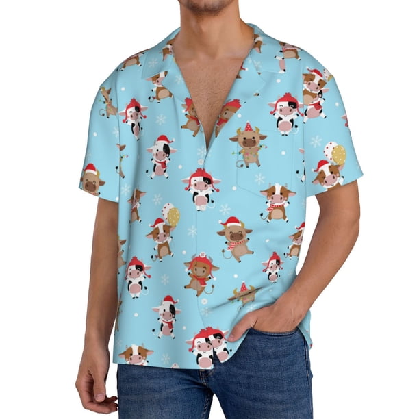 Fotbe winter cow cute Camisa Estampada de Manga Corta para Hombre, Casual de Verano, Estilo Playero, Sin Arrugas-Medium