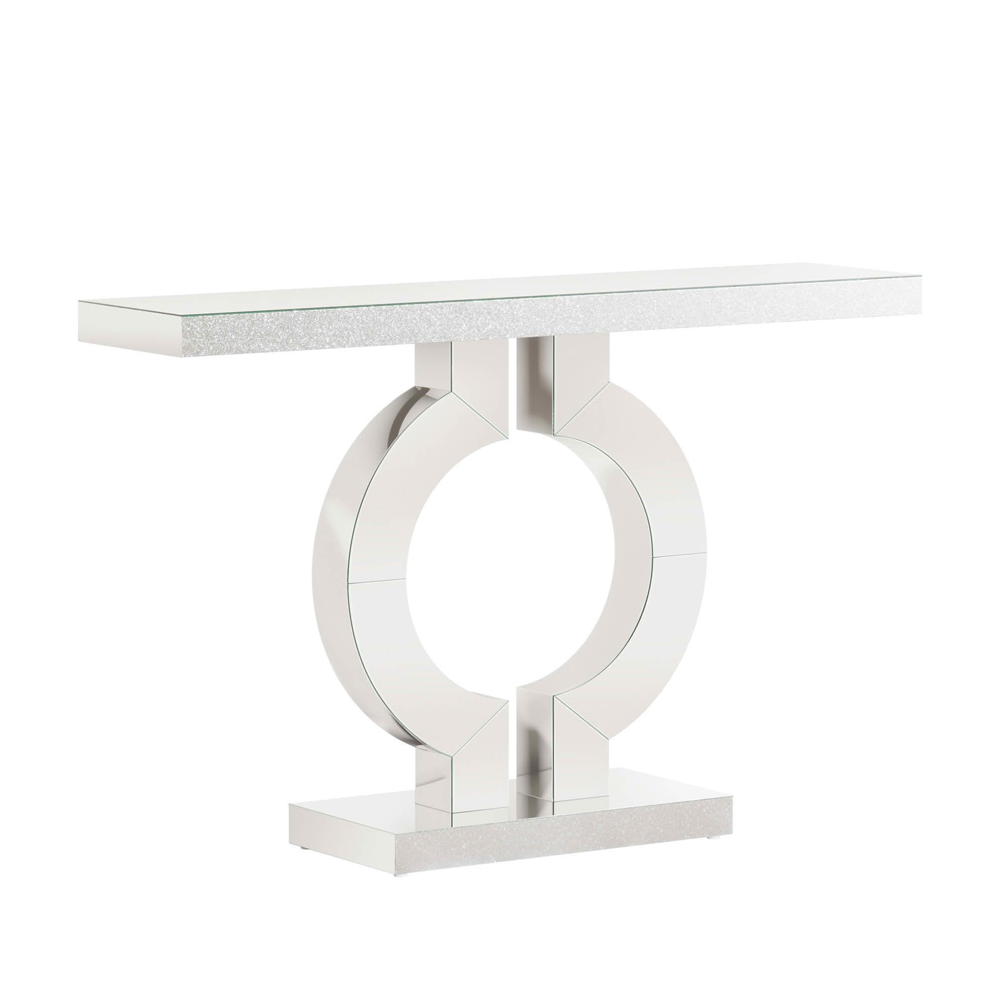 MAYEERTY 43" Modern Mirrored Console Table, Shiny Acrylic Veneer O-Shaped Silver Sofa Table for Entryway Living Room Bedroom