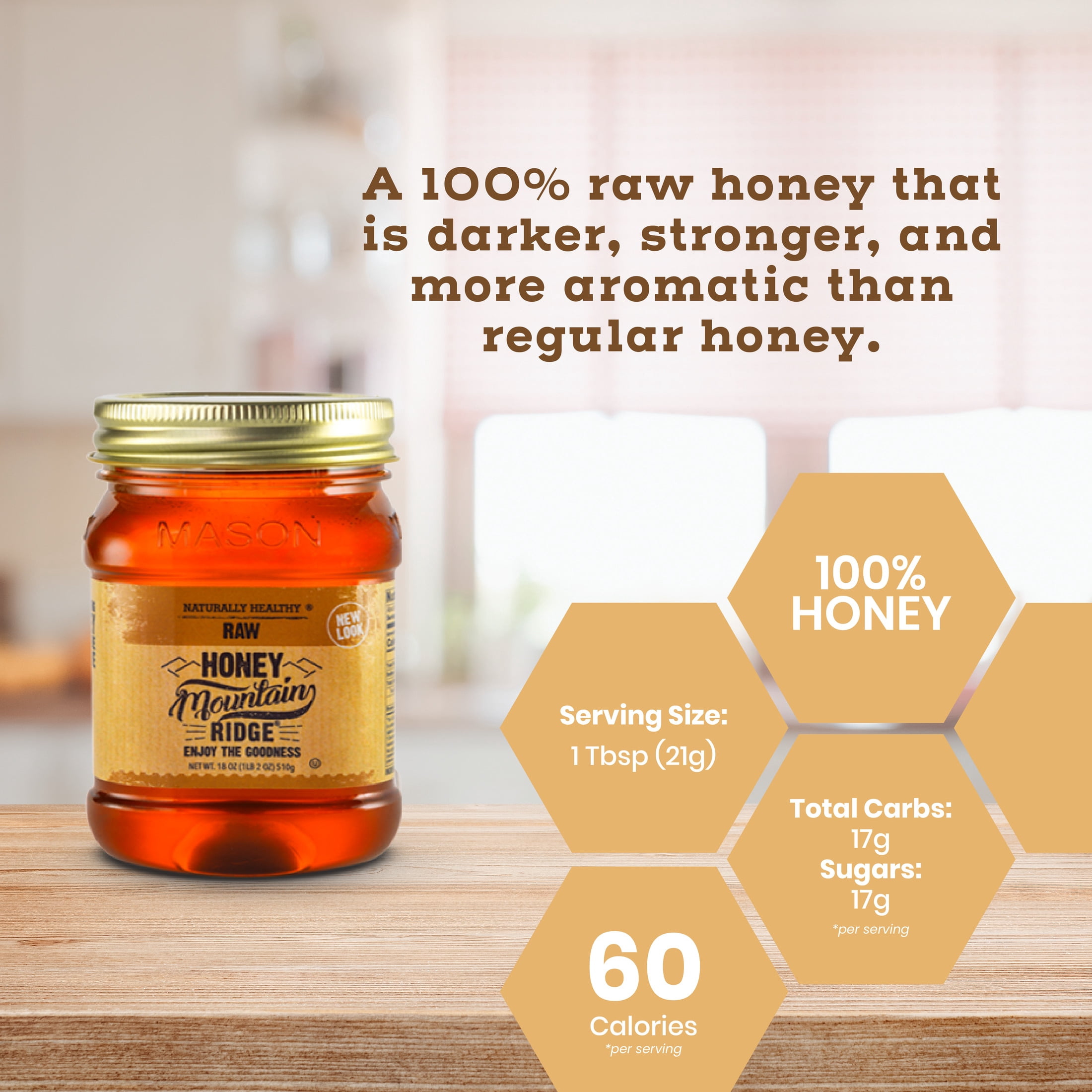 Naturally Healthy Mountain Ridge Raw Honey, 18oz, 100% Pure
