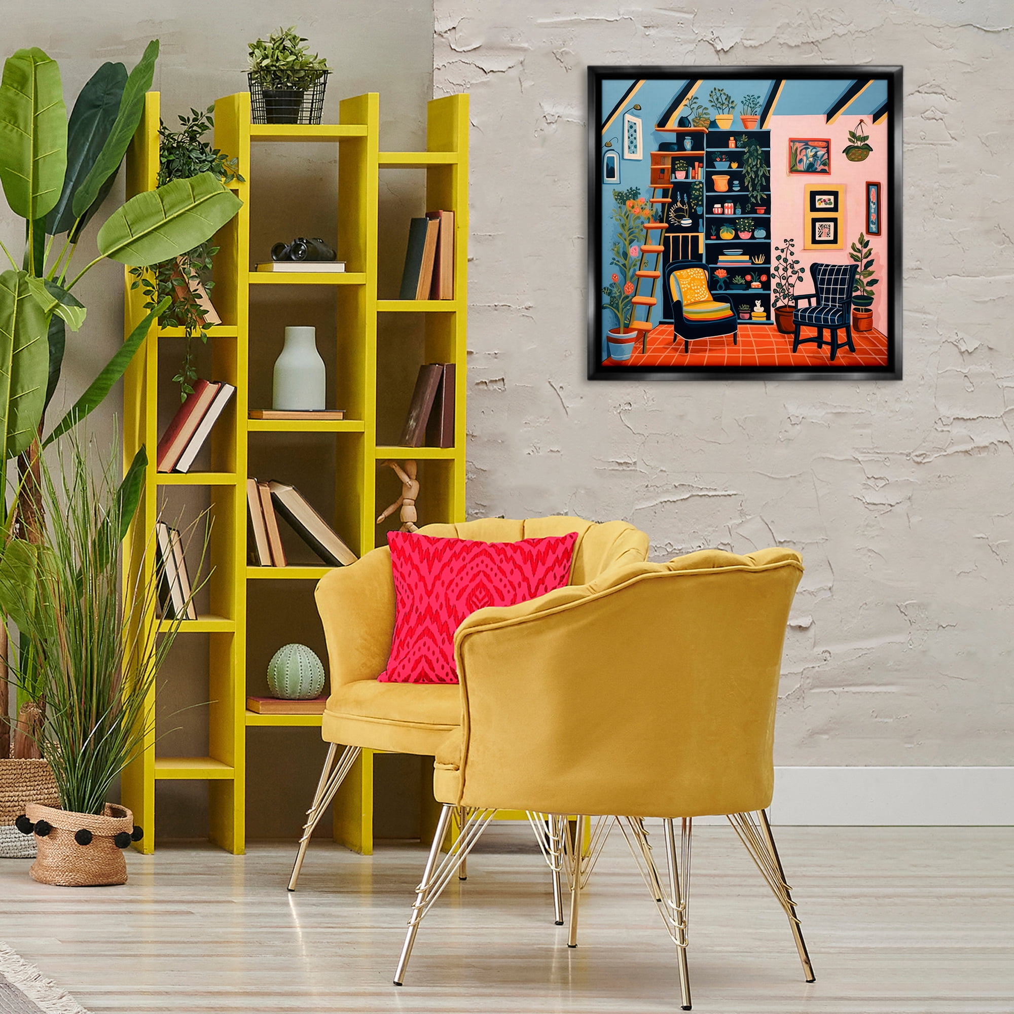Stupell Industries Bookshelf Scene & Plants Furniture Painting Black Floater Framed Canvas Art Print Wall Art, 25 x 25