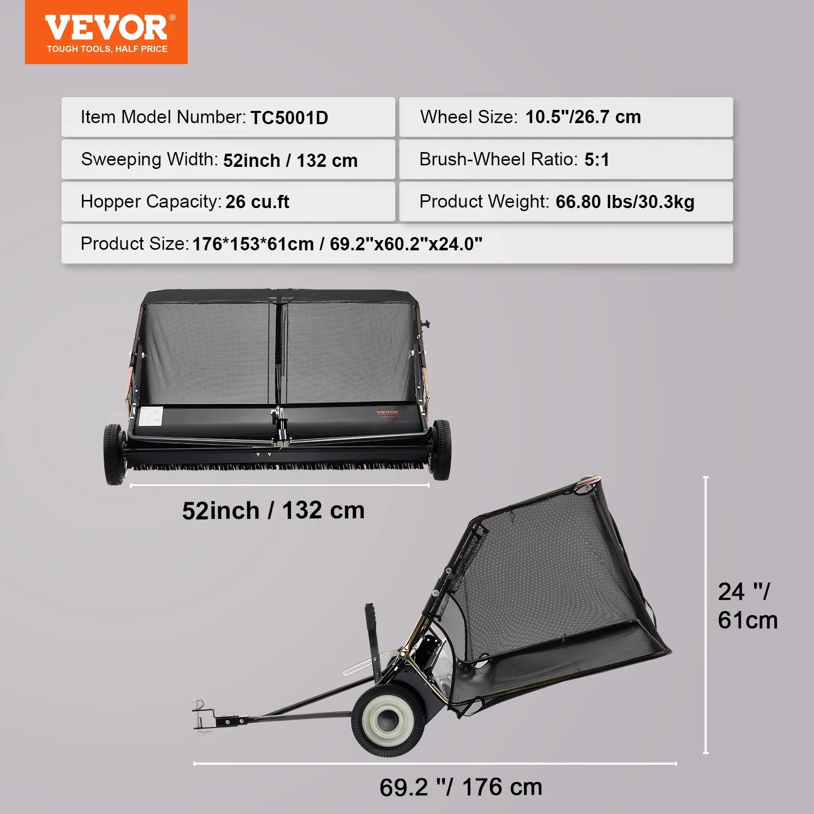 52-inch Lawn Sweeper Tow Behind 26cu.ft. Large Pull Behind Heavy Duty Leaf & Grass Collector for Picking Up Debris & Grass
