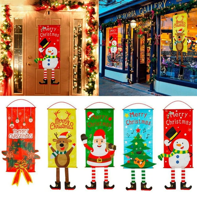 Merry Christmas Santa Elk Snowman Print Hanging Legs Banner Flag Door Decor