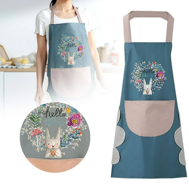 Oleegame 1PC Pretty Apron Women Kitchen Apron With Hand Wipe Pockets For Cooking Baking Wipeable Oil Proof Cartoon Wreath Rabbit Kitchen Nail Shop Apron Blue