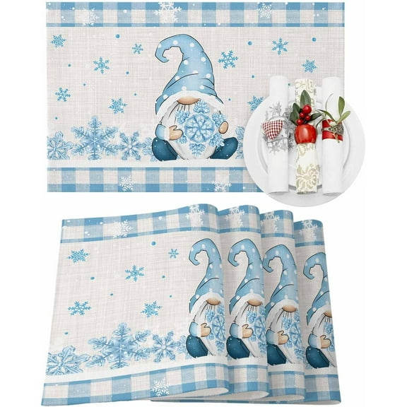 Christmas Placemats Set of 6 Blue Snowflake Gnome Christmas Placemats for Dining Table Buffalo Plaid Table Mat Winter Holiday Home Party Kitchen Table Decorations