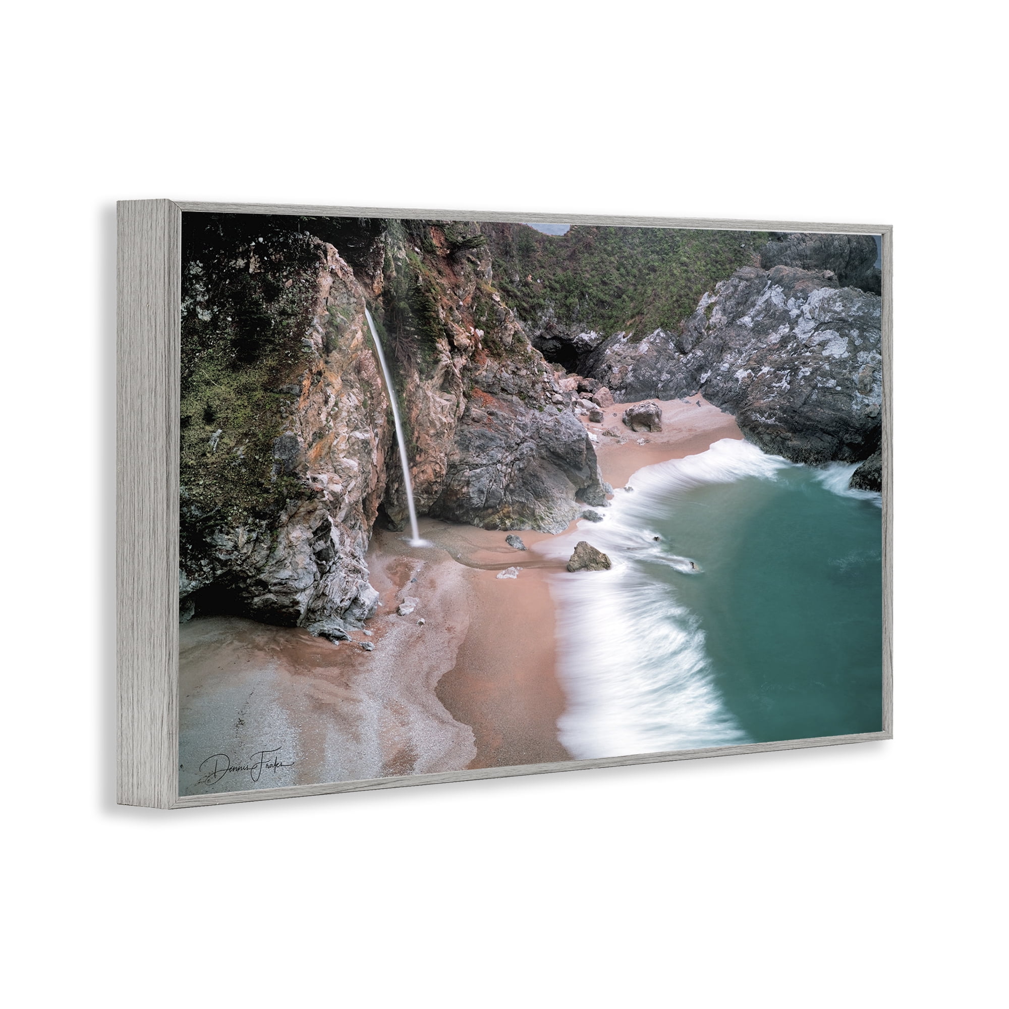 Stupell Industries Tropical Waterfall Cliffs Coastal Painting Gray Framed Art Print Wall Art, 18 x 12