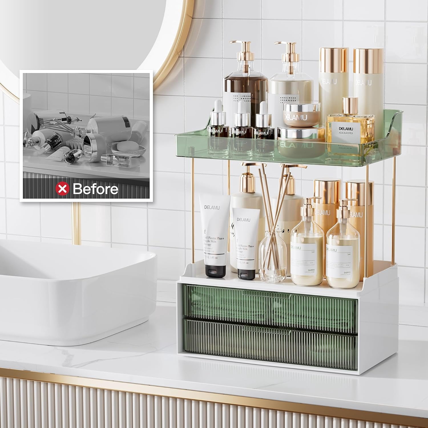 Delamu 2-Tier 2-Drawer Countertop Bathroom Organizer – Multi-Purpose Makeup & Skincare Vanity Storage with Golden Rods, Green Color, Exquisite Home Décor Organizer