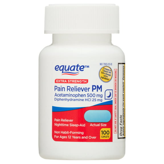 Equate Extra Strength Pain Reliever PM Caplets, 100 Count