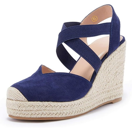 

Womens Wedge Espadrille Sandals Platform Criss Cross Elastic Strap Slingback Summer Cap Toe Shoes