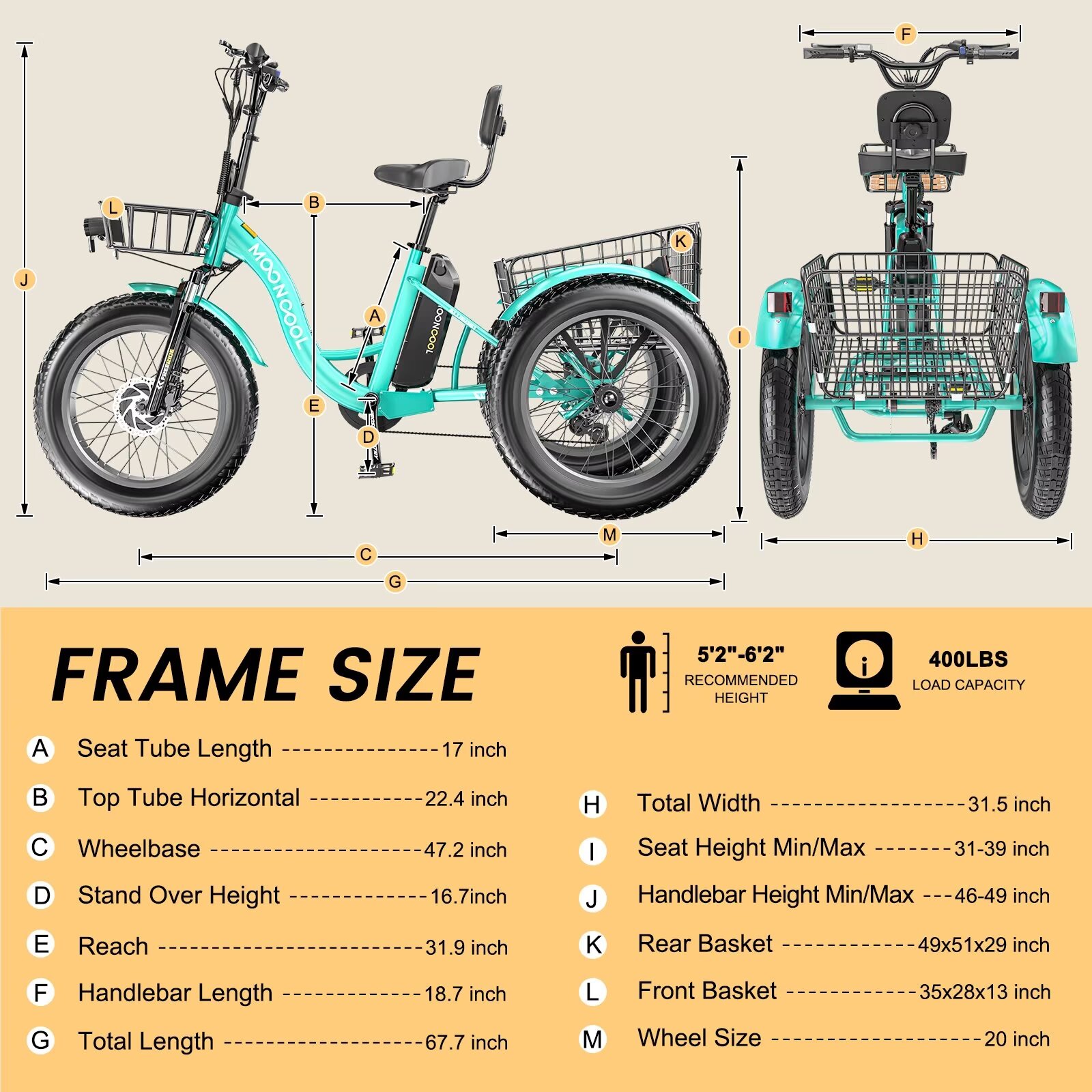 Lilypelle Electric Tricycle for Adults, 45miles Long Range, 500W(Peak Power 750W) 48V 15AH Step-Thru Electric Trike, with 20"x4" Fat Tire & rearview mirror