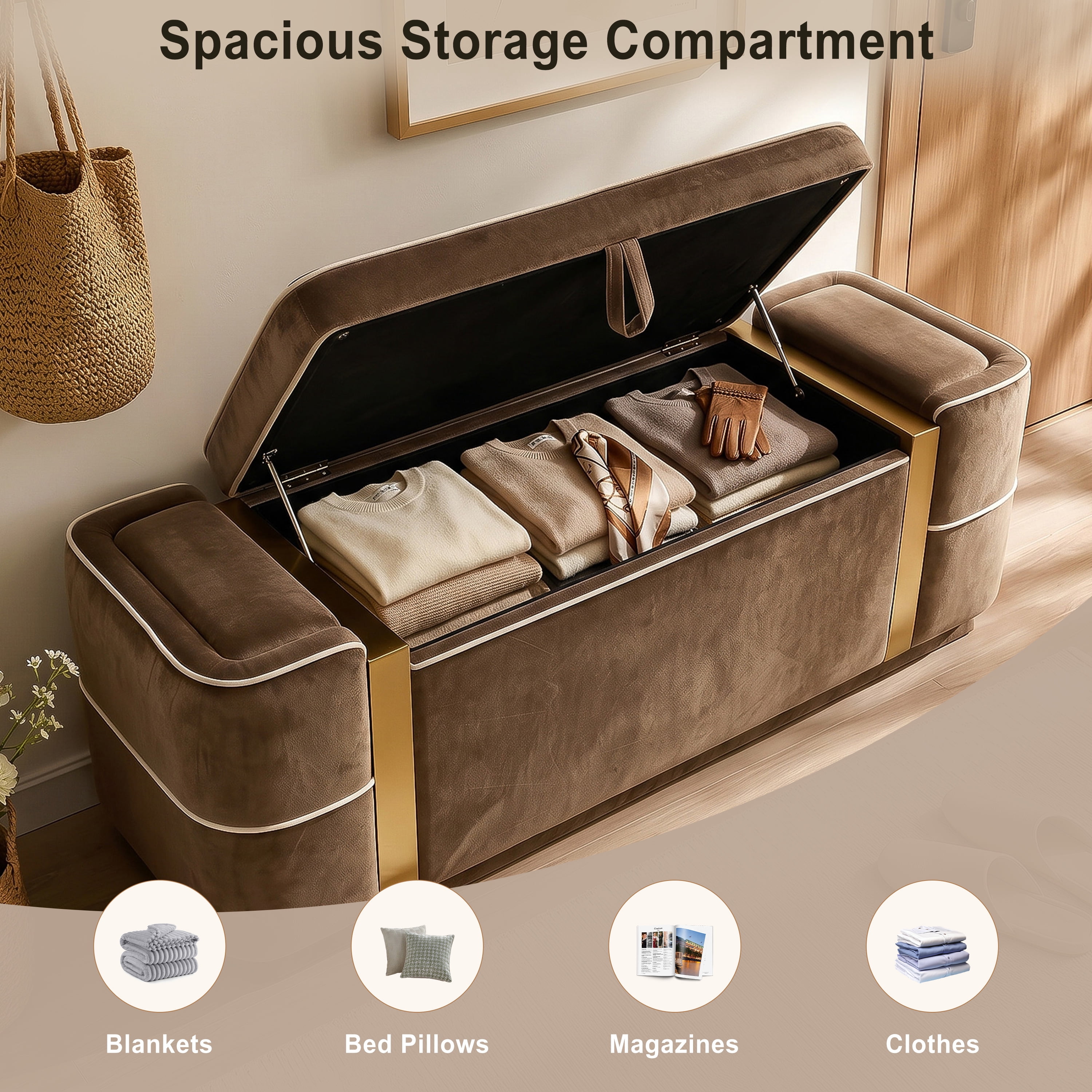 Euroco 47.2" Storage Ottoman Bench,Upholstered End of Bed Bench with Seating, Entryway Bench for Living Room Bedroom,Brown