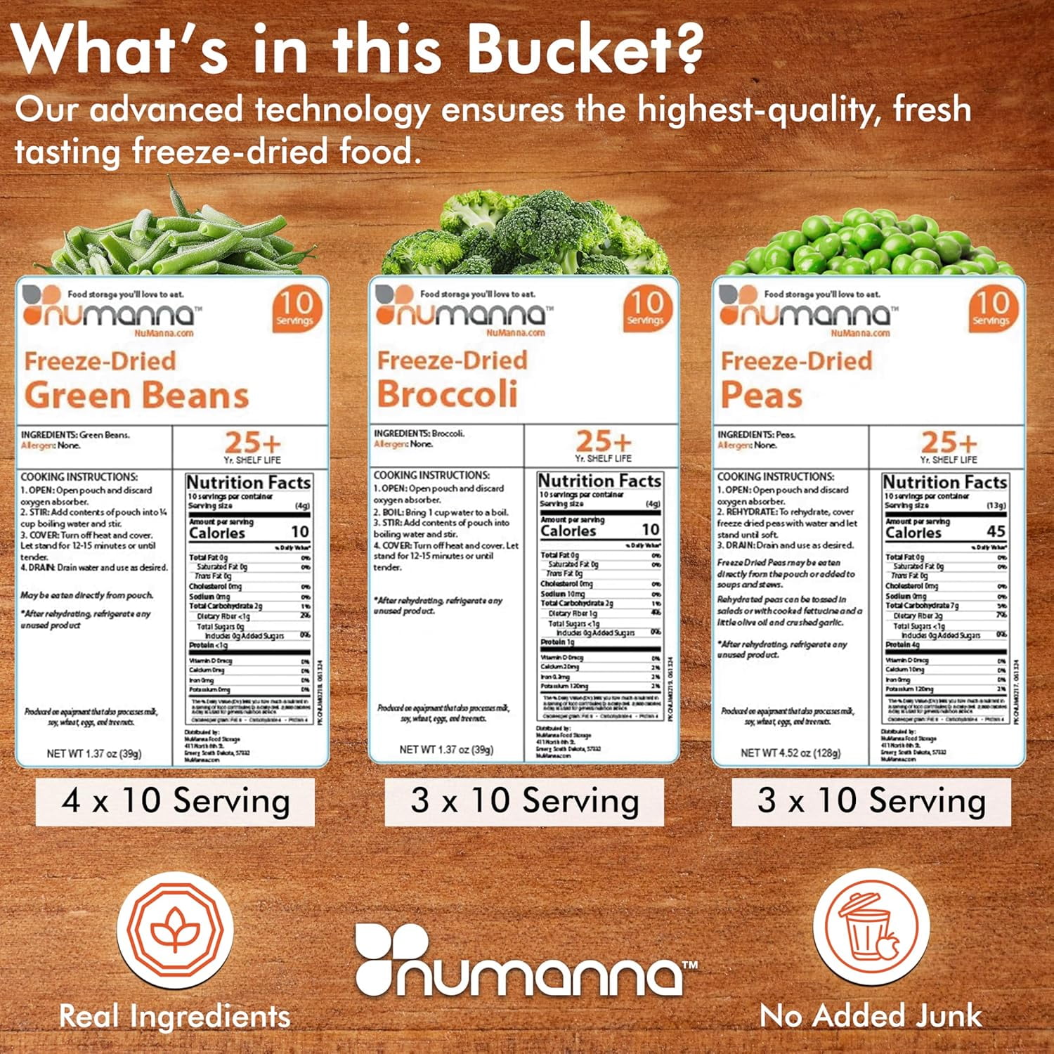 NuManna Freeze-Dried Vegetables Bucket – 100 Servings | Peas, Green Beans & Broccoli | Non-GMO, No MSG, No Preservatives | Emergency Survival Food & Camping Veggie Meal | 25-Year Shelf Life