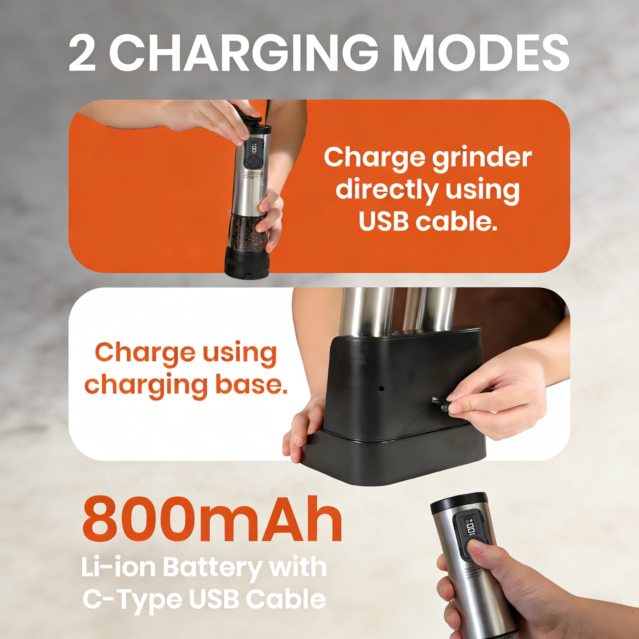 Electric Salt and Pepper Grinder Set - Ceramic Grinder, Automatic Mills, Rechargeable Base with Battery Indicator, Stainless Steel Shakers, 5-Level Coarseness Adjustment for Modern Kitchen