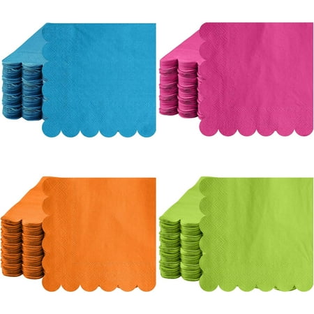 100 Pcs Neon Colored Scalloped Napkins Paper Cocktail Napkins 2 Ply Bright Beverage Paper Napkins Disposable Colored Napkins for Fiesta, Birthday Parties (Assorted Color)