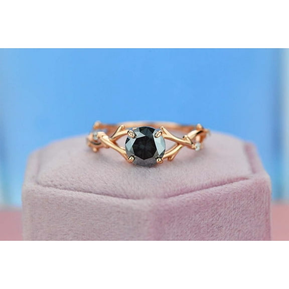 1.5Ct Round Cut Dark Gray Blue Moissanite Floral Ring. Twig Ring Design, Size 5