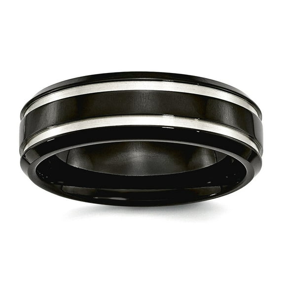 Titanium Polished Black Plated Grooved 7mm Band Ring Size 5.5 Ring for Women and Men