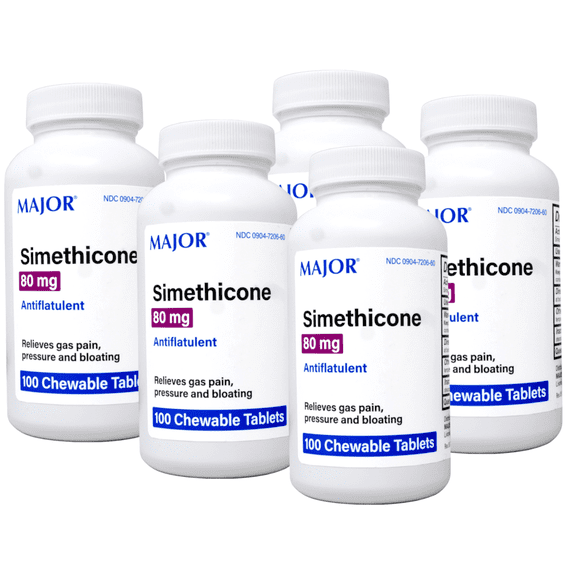 5 Pack - Major Simethicone Gas Relief 80 mg - Anti Flatulence, Bloating and Gas Pressure Aid - 100 Chewable Tablets