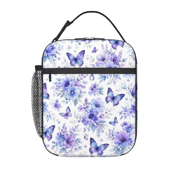 Blue Butterfly Floral Lunch Bag Reusable Thermal Lunch Box with Handle for Women and Men