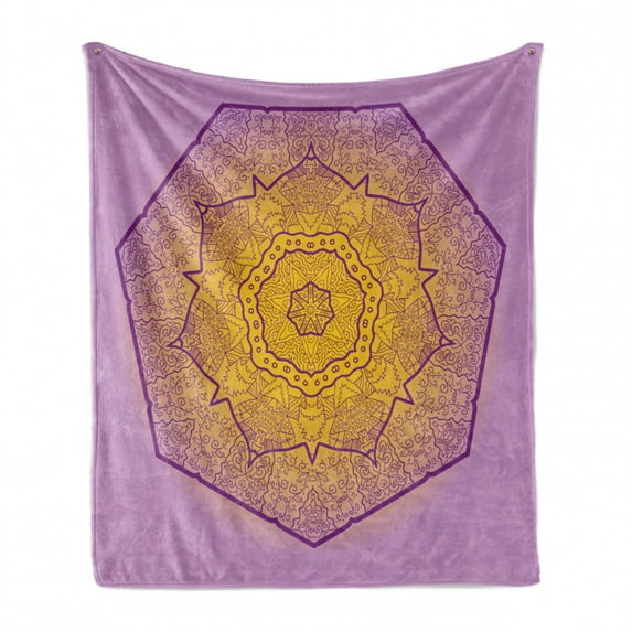 Mandala Soft Flannel Fleece Throw Blanket, Oriental Heptagon with Floral Elements and Curlicues Ombre Effect, Cozy Plush for Indoor and Outdoor Use, 60" x 80", Earth Yellow Lavender, by Ambesonne