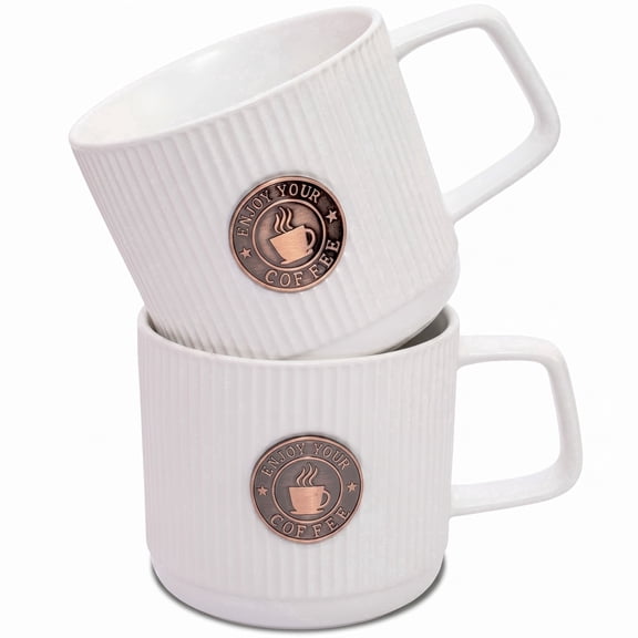 Topadorn  Topadorn Ribbed Ceramic Coffee Mug Set of 2, 15 oz White Coffee Cups with Embossed Coffee Design, Minimalist Tea Cups for Home Office, Dishwasher & Microwave Safe