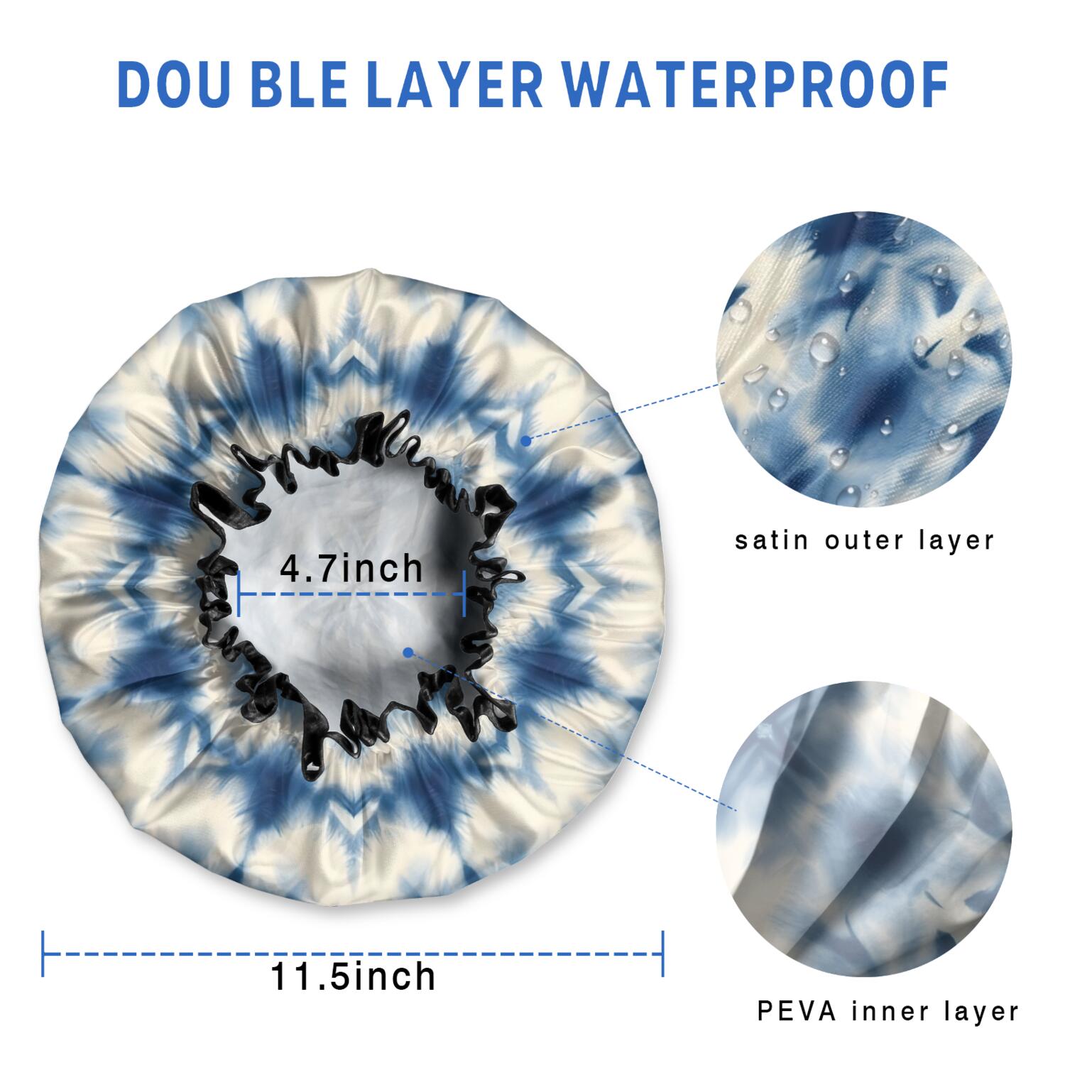 Shower Caps,Indigo Tie Dye Star Waterproof Shower Cap for Women 4 Pieces,Double Reusable Hair Cover for Shower PEVA Elastic Stretch Hem