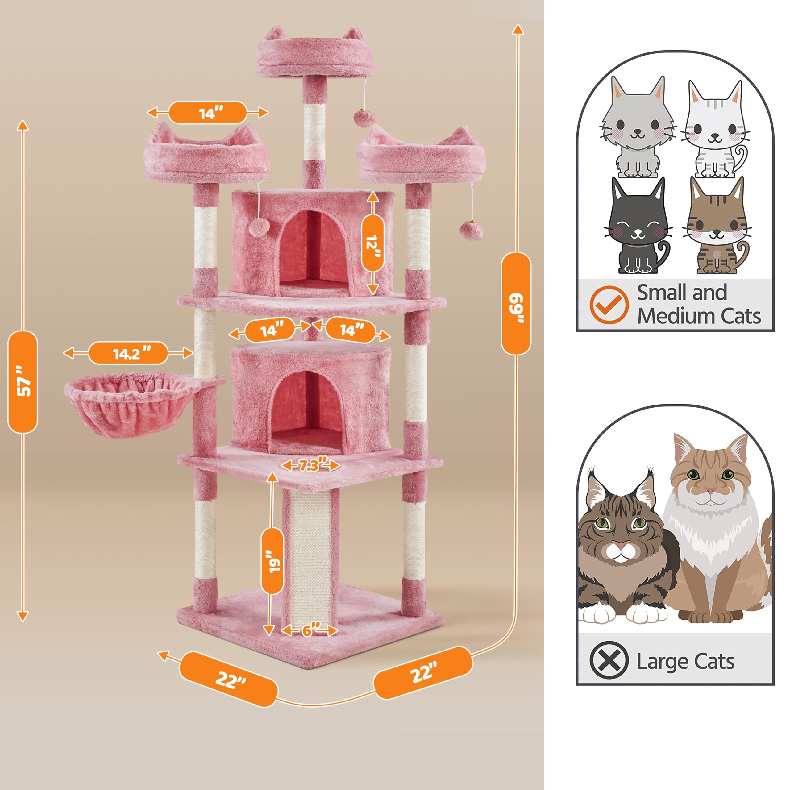 Cat Tree for Large Cats, 69in Tall Cat Tower with Condos, Caves, Scratching Posts, Plush Perches, Dangling Toys, Multi-Level Playhouse for Kittens and Adult Cats, Pink