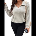 thumbnail image 3 of Suéter de Punto Informal de Talla Grande para Mujer, con Solapa, Cuello en V, Color Liso, Blusas Ligeras de Larga. Albaricoque 5XL, 3 of 8